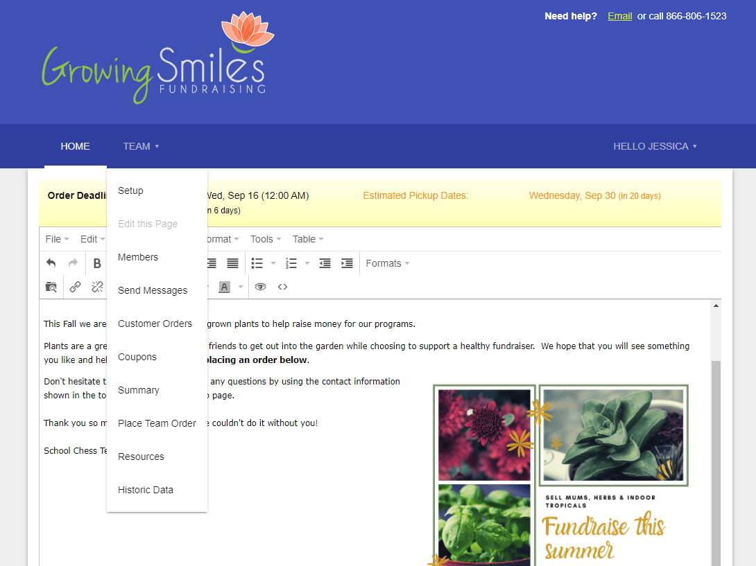 A screenshot of the team website page where they are showing how to edit the home page by pressing the team button.